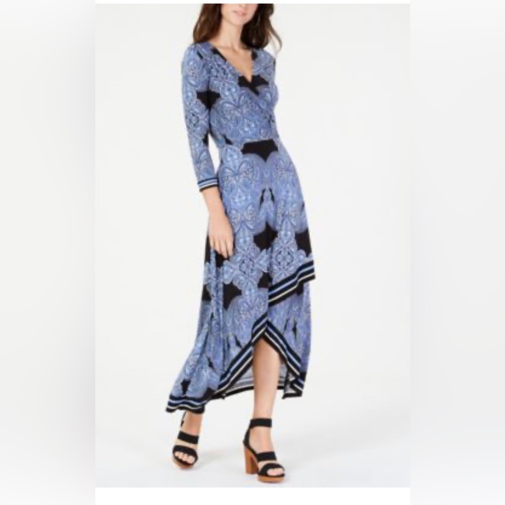 International Concepts. Long sleeve, maxi wrap dress. High-low. Blue paisley.